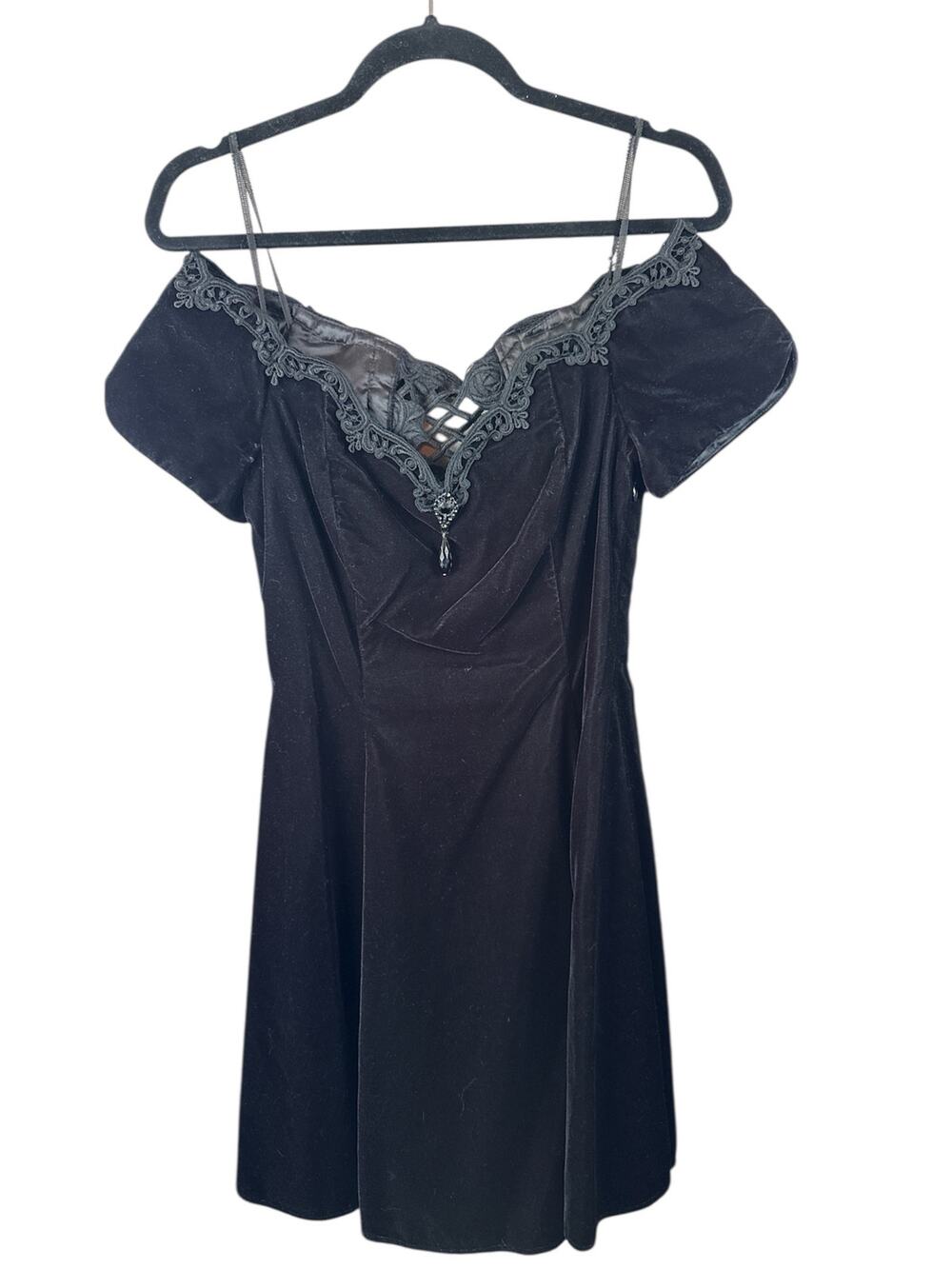 Vintage Scott McClintock Off Shoulder Velvet Lace Detail Black Mini Dress Size 6